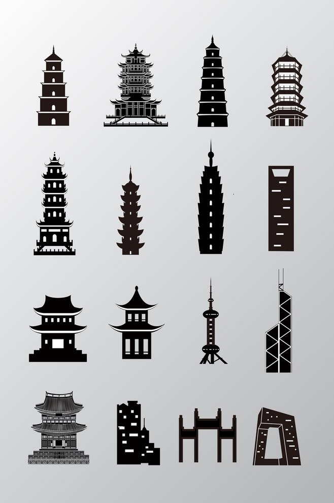 古現(xiàn)代中國建筑剪影矢量素材 融合傳統(tǒng)與現(xiàn)代的設(shè)計(jì)之美